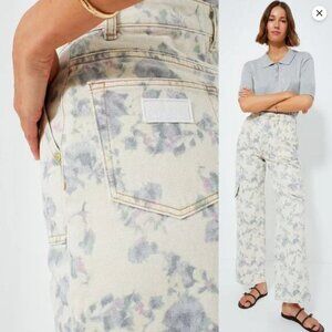 Ganni NEW Tofu Print Denim Angie Ivory Floral Wide Leg Cargo Denim Pant Size 30